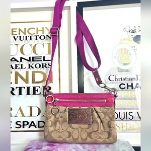 Coach Poppy Signature Pink and Tan Small Crossbody Bag-GUC